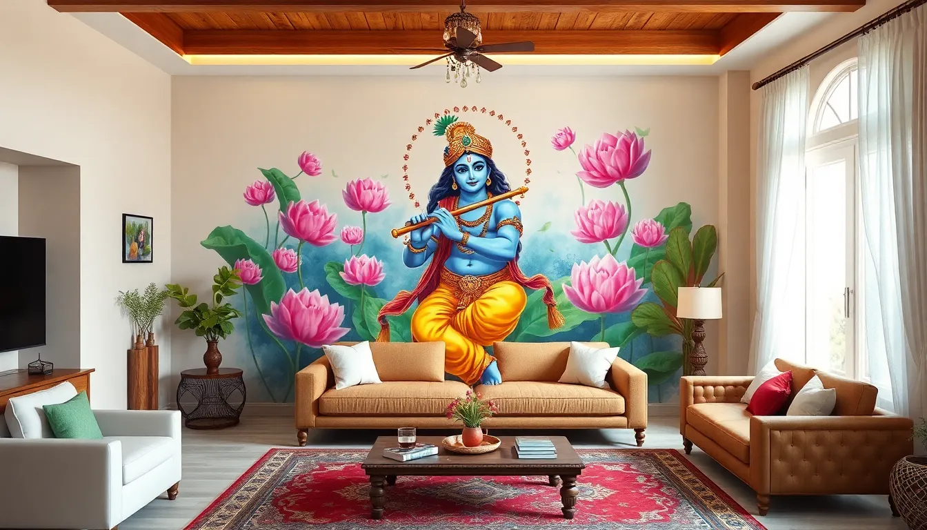 25 Divine Krishna Wall Painting Ideas to Transform Your Living Room into Sacred Space 10 25 Divine Krishna Wall Painting Ideas to Transform Your Living Room into Sacred Space 9