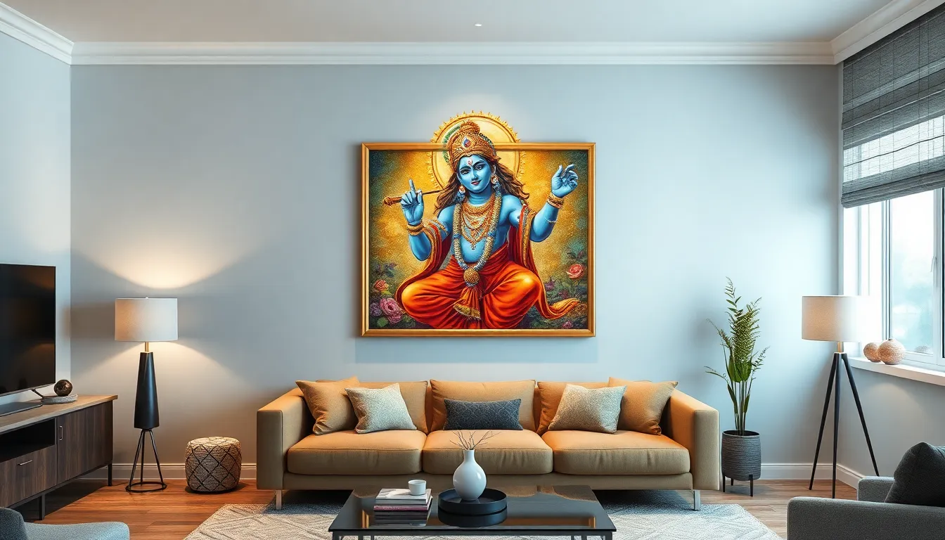 25 Divine Krishna Wall Painting Ideas to Transform Your Living Room into Sacred Space 16 25 Divine Krishna Wall Painting Ideas to Transform Your Living Room into Sacred Space 15