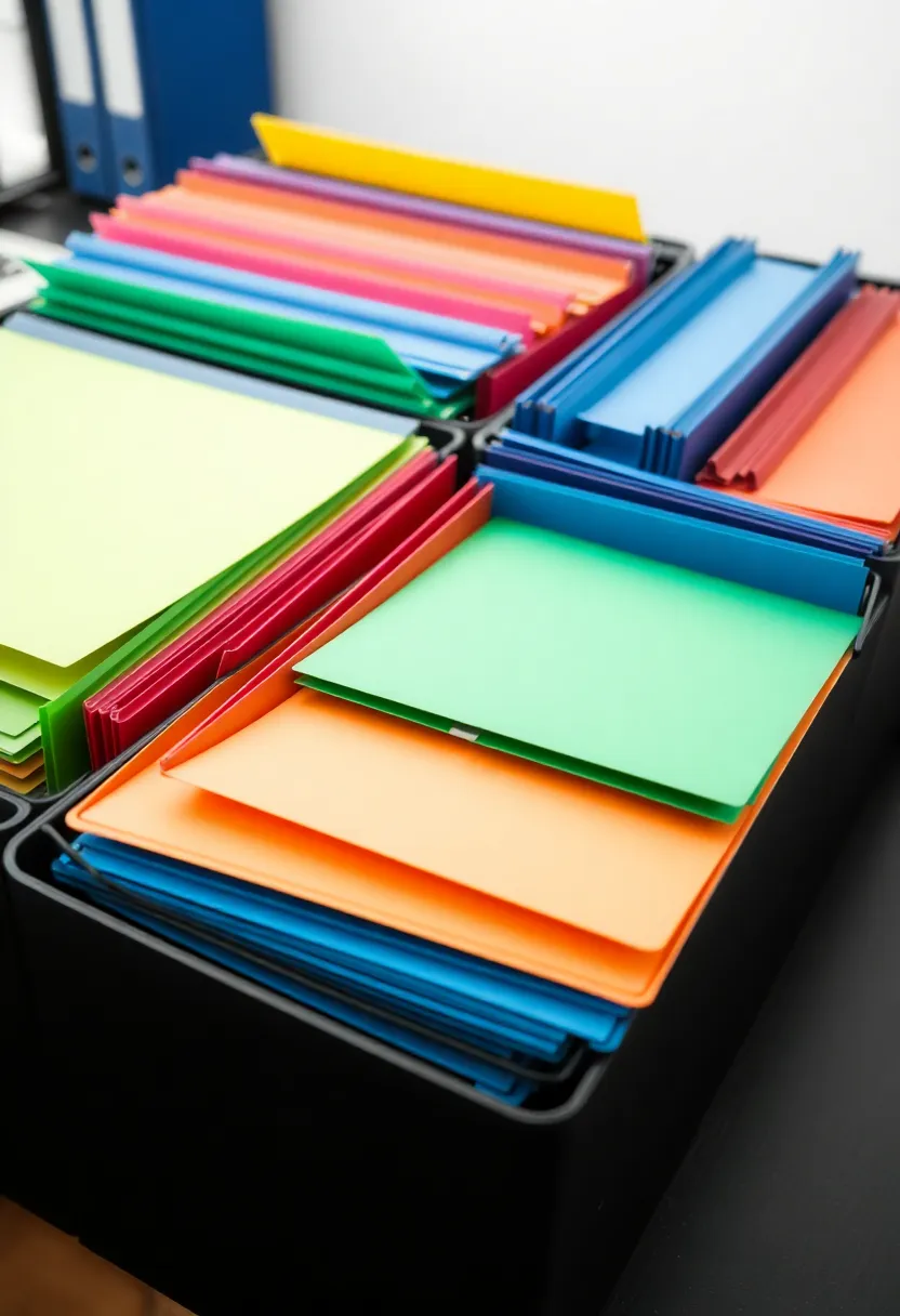25+ Desk Organization Ideas to Boost Focus and Productivity - 13. Color-Coded Folders
