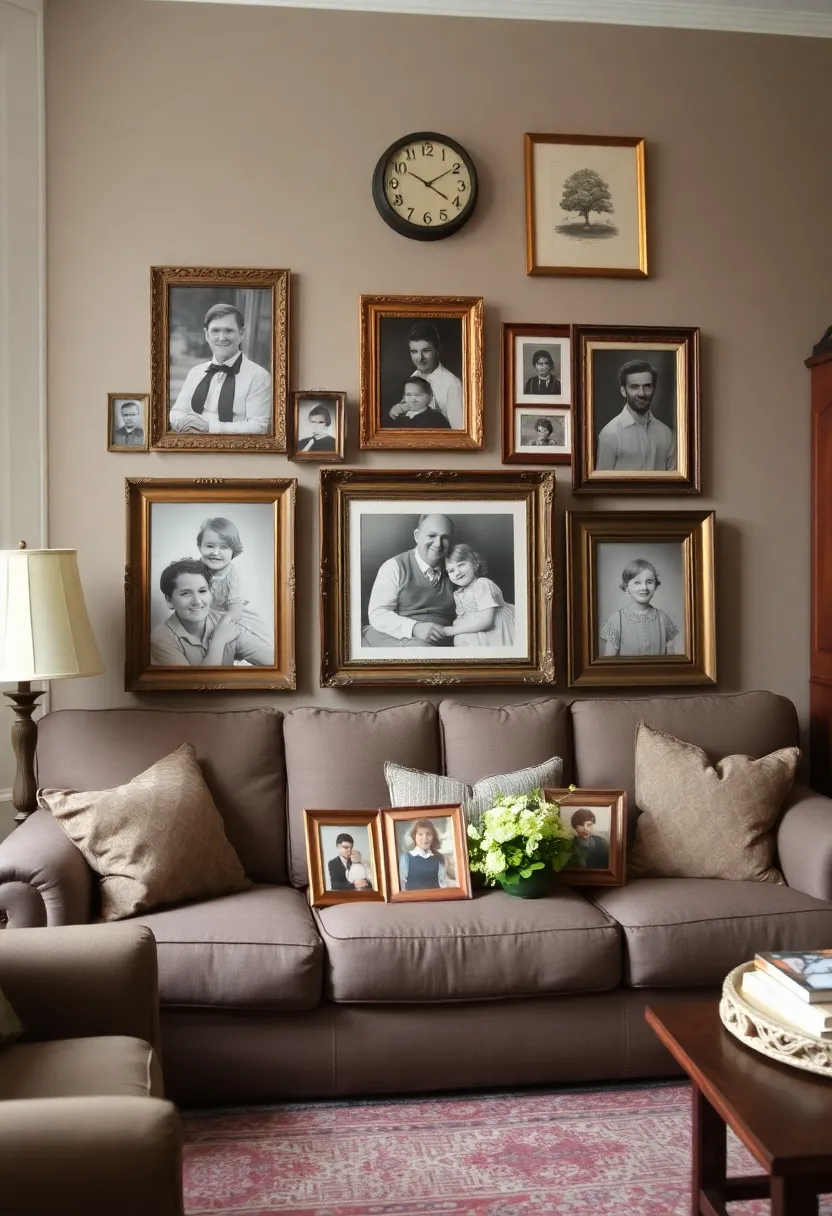 25+ Family Picture Wall Ideas for Living Room Memories - 13. Vintage Frames for Nostalgic Touch