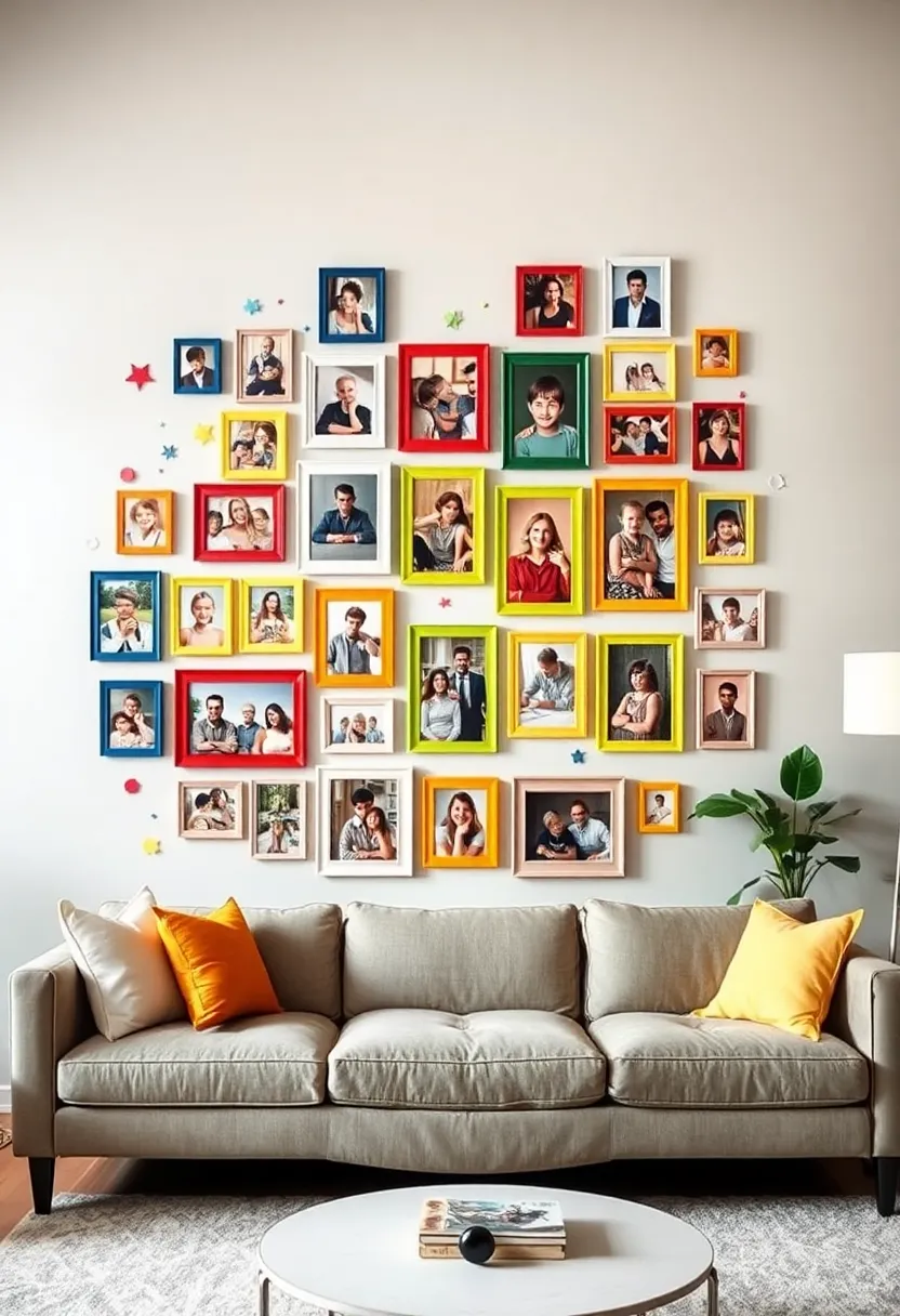 25+ Family Picture Wall Ideas for Living Room Memories - 18. Captivating Color Splash