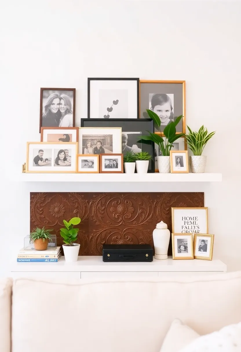 25+ Family Picture Wall Ideas for Living Room Memories - 2. Gallery Ledge for Easy Swaps