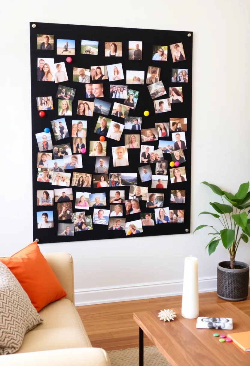 25+ Family Picture Wall Ideas for Living Room Memories - 22. Magnetic Photo Wall