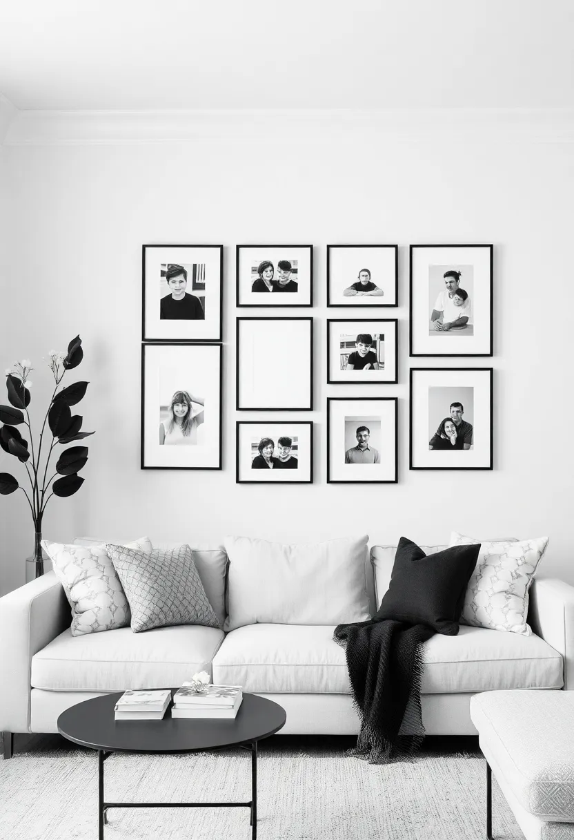 25+ Family Picture Wall Ideas for Living Room Memories - 5. Minimalist Black and White Gallery