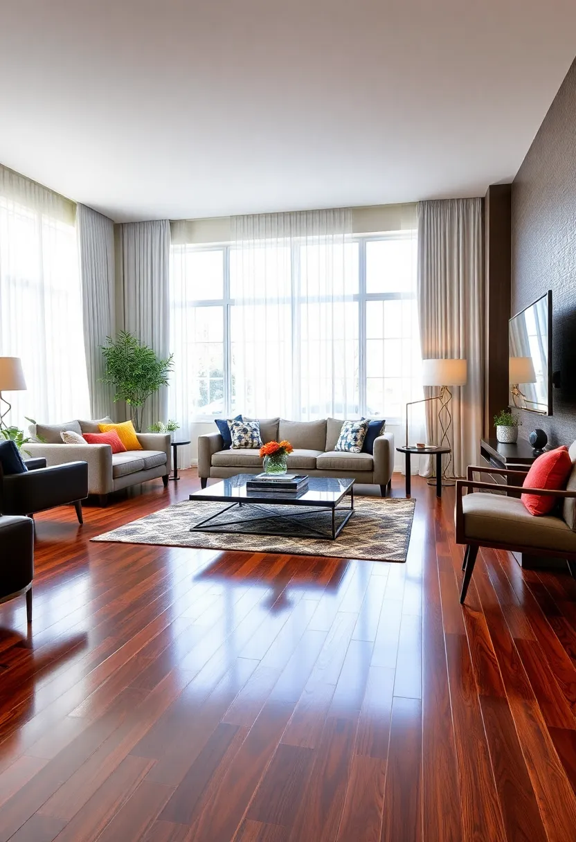 25+ Hardwood Floor Ideas for Living Room Warmth and Elegance - 24. High Gloss Finish for Modern Appeal