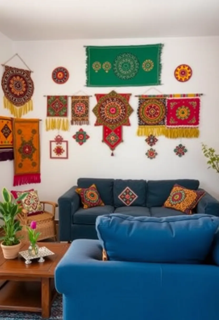 25+ Indian Living Room Ideas Full of Color and Culture - 2. Handcrafted Ethnic Wall Hangings