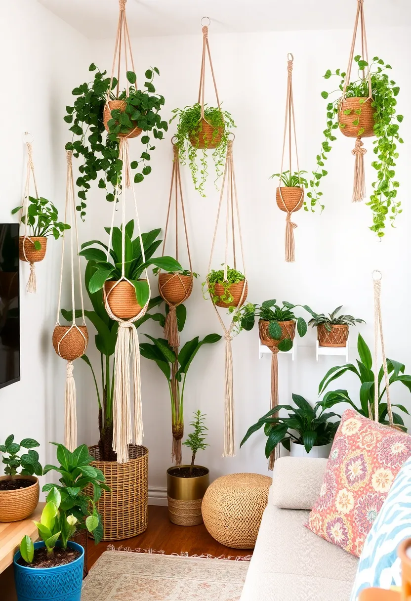 25+ Space-Saving Ideas to Decorate a Small Living Room with Style - 7. Hanging Plants for Vertical Appeal