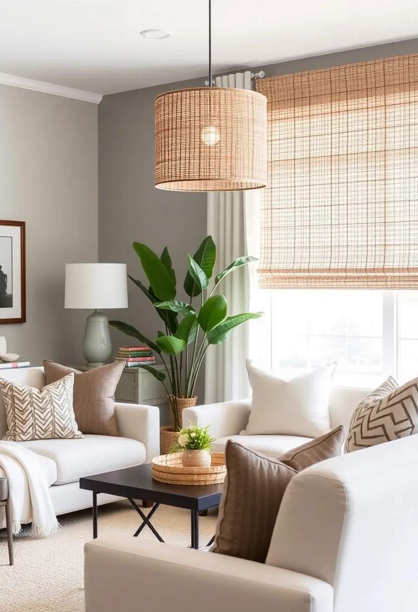 27+ Gorgeous Ceiling Light Ideas for Living Room Ambiance - 11. Natural Fiber Drum Shades