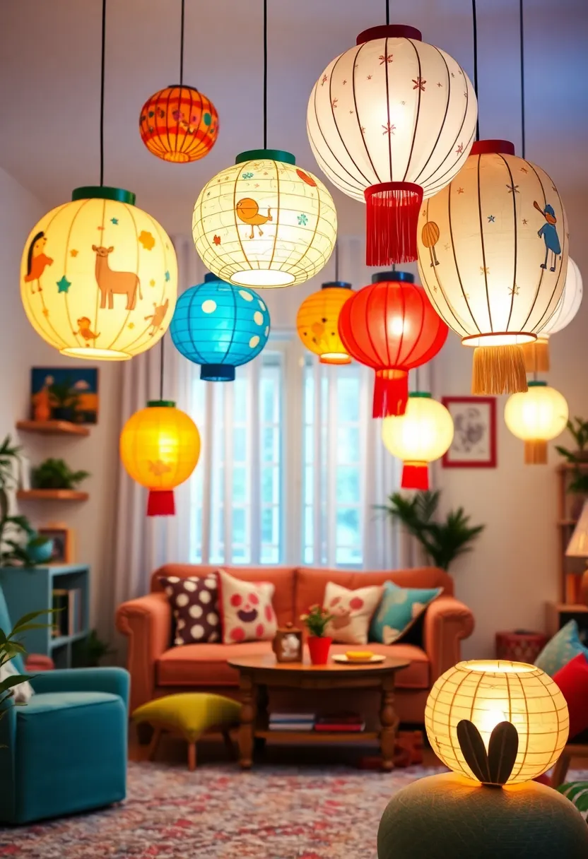 27+ Gorgeous Ceiling Light Ideas for Living Room Ambiance - 13. Artistic Paper Lanterns