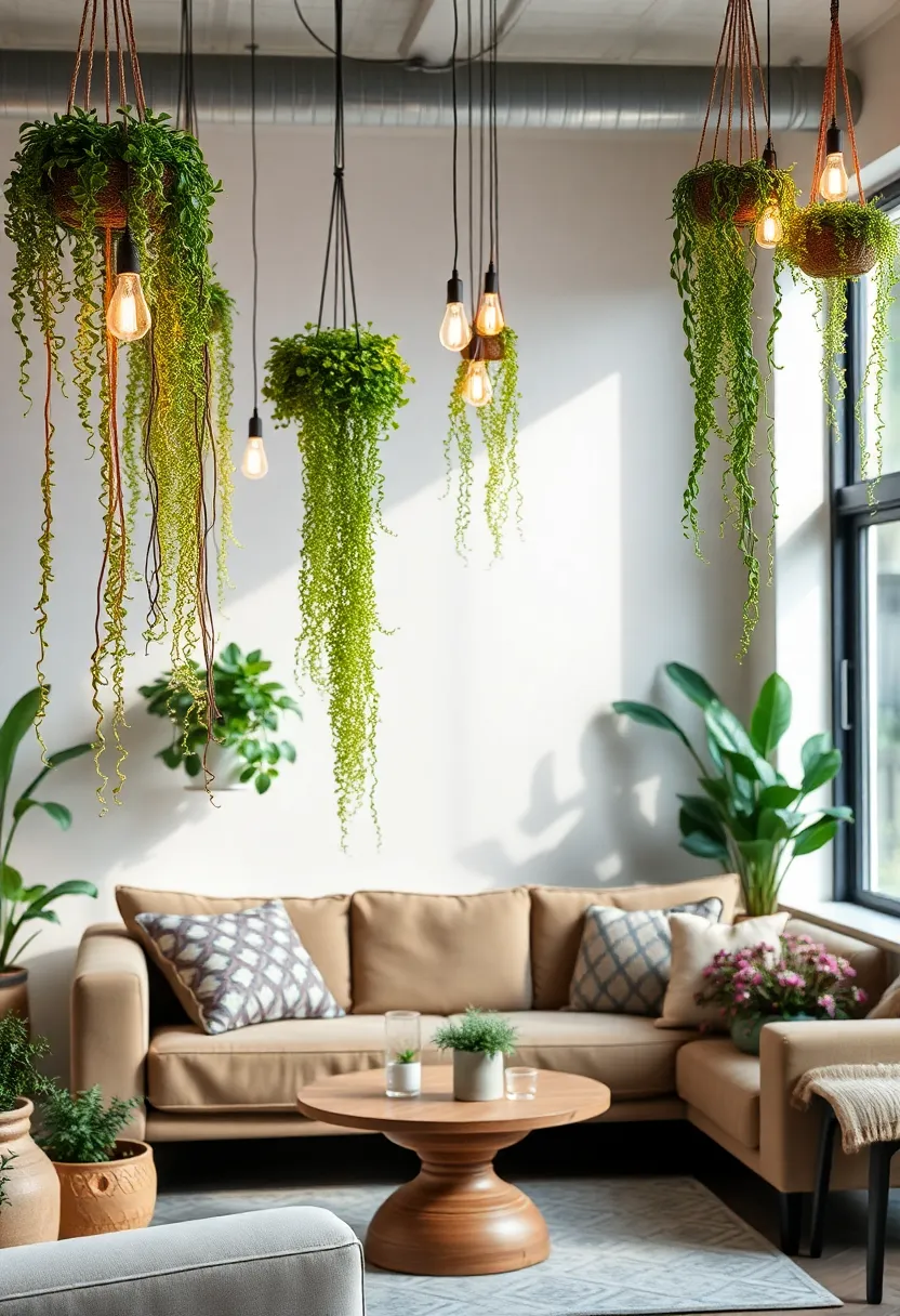 27+ Gorgeous Ceiling Light Ideas for Living Room Ambiance - 19. Hanging Succulent Fixtures