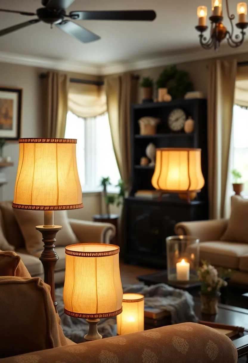 27+ Gorgeous Ceiling Light Ideas for Living Room Ambiance - 23. Vintage-inspired Fabric Holders