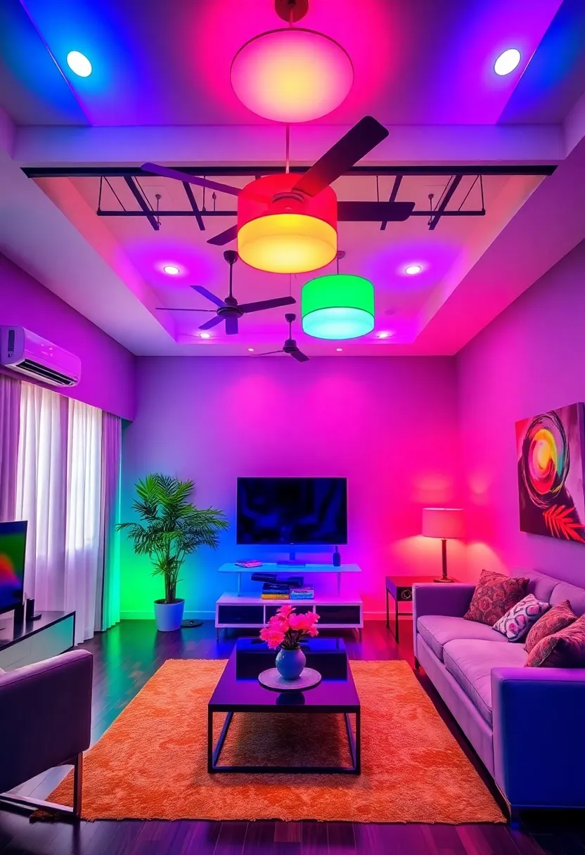 27+ Gorgeous Ceiling Light Ideas for Living Room Ambiance - 7. Color-Changing LED Fixtures