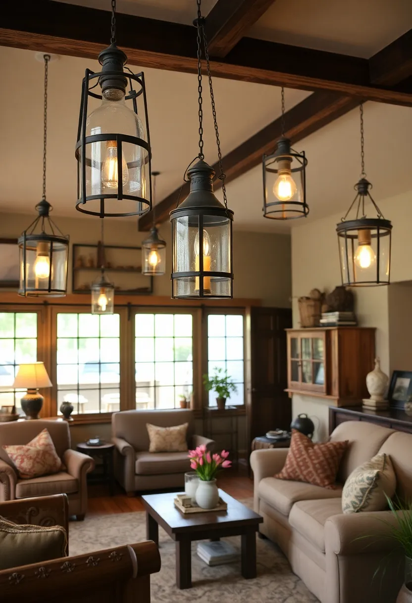 27+ Gorgeous Ceiling Light Ideas for Living Room Ambiance - 9. Vintage Lanterns as Ceiling Fixtures