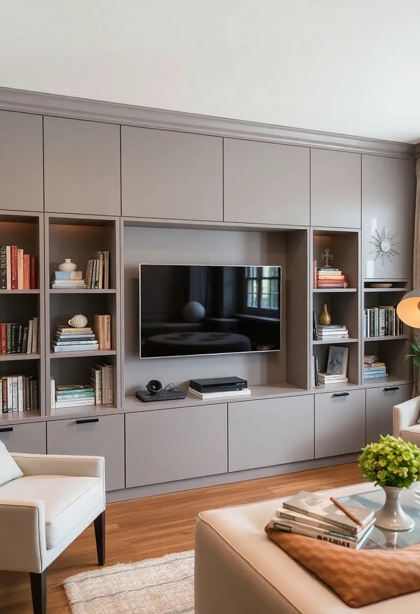 30+ Clever Ideas to Hide Your TV in the Living Room Seamlessly - 1. Elegant Built-In Cabinets