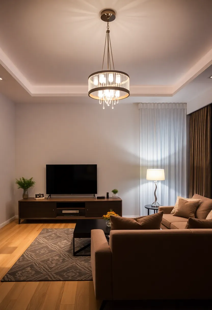 30+ Clever Ideas to Hide Your TV in the Living Room Seamlessly - 14. Statement Lighting Fixtures