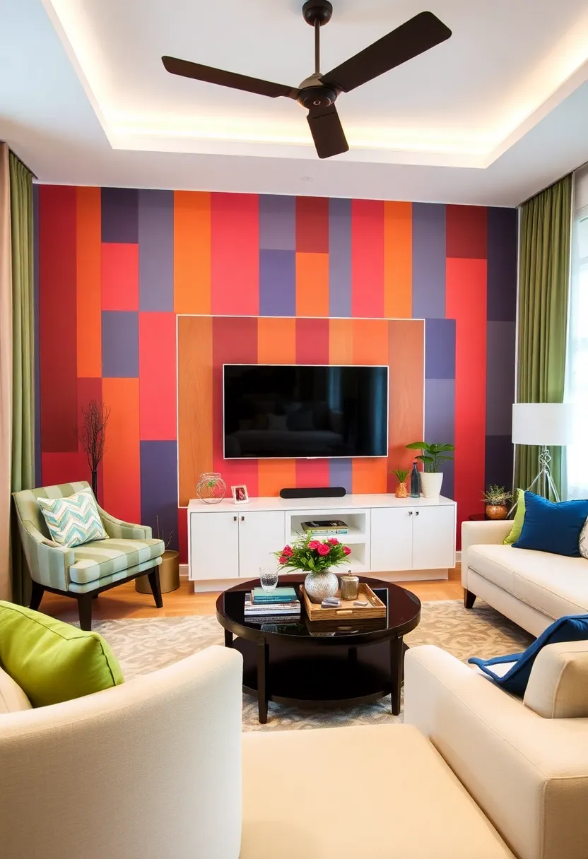 30+ Clever Ideas to Hide Your TV in the Living Room Seamlessly - 22. Colorful Accent Walls