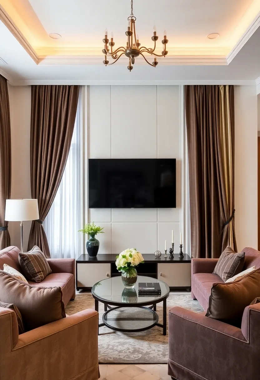 30+ Clever Ideas to Hide Your TV in the Living Room Seamlessly - 9. Classy Curtains