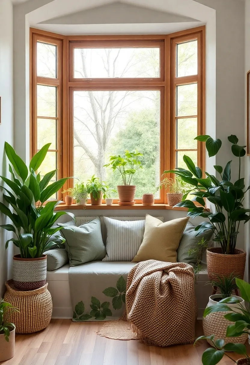 30+ Cozy Bay Window Ideas for Living Room Seating and Style - 18. Eco-Friendly Nook