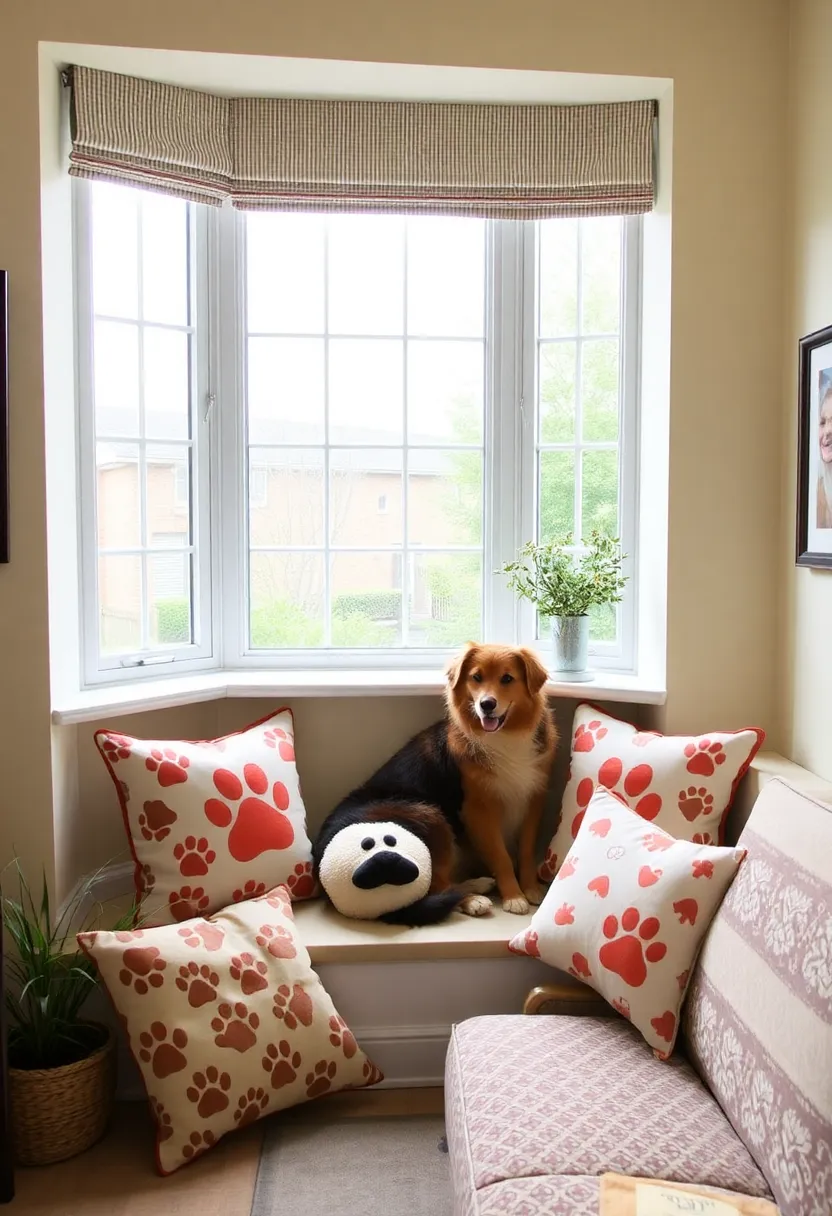 30+ Cozy Bay Window Ideas for Living Room Seating and Style - 30. Pet-Inspired Decor