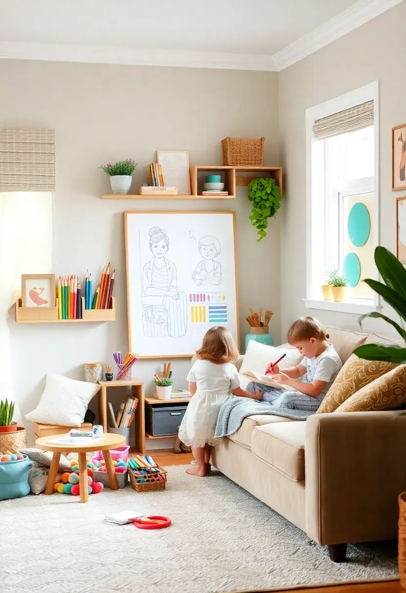 30+ Cozy and Functional Family Living Room Ideas for All Ages - 29. Encouraging Kids’ Creativity