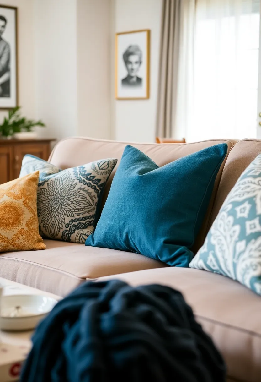 30+ Eclectic Living Room Ideas to Express Your Personality - 23. Artistic Throw Pillows