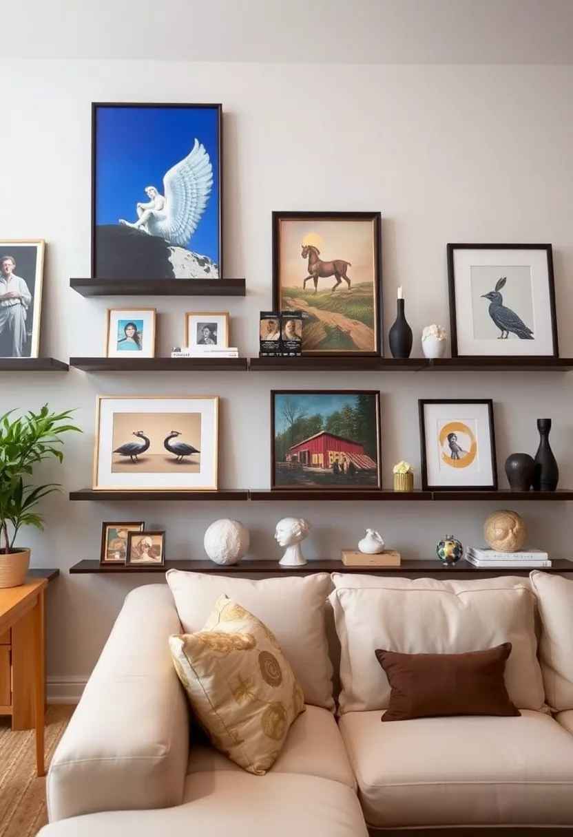 30+ Floating Shelf Ideas for Living Room Décor and Storage - 11. Artistic Display Shelves