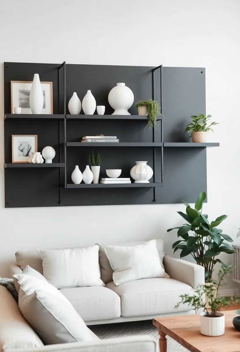 30+ Floating Shelf Ideas for Living Room Décor and Storage - 12. Monochrome Shelf Styling