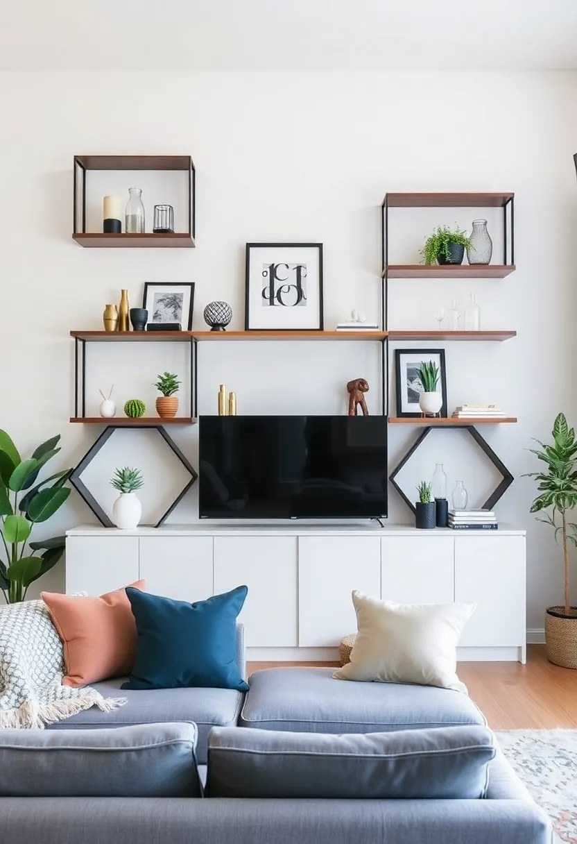 30+ Floating Shelf Ideas for Living Room Décor and Storage - 22. Geometric Floating Shelves