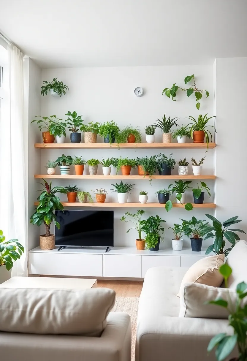30+ Floating Shelf Ideas for Living Room Décor and Storage - 26. Urban Greenery Shelves