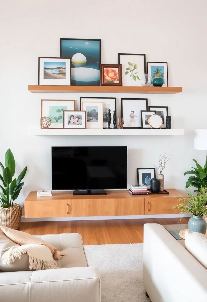 30+ Floating Shelf Ideas for Living Room Décor and Storage - 27. Ledge Shelves for Artwork