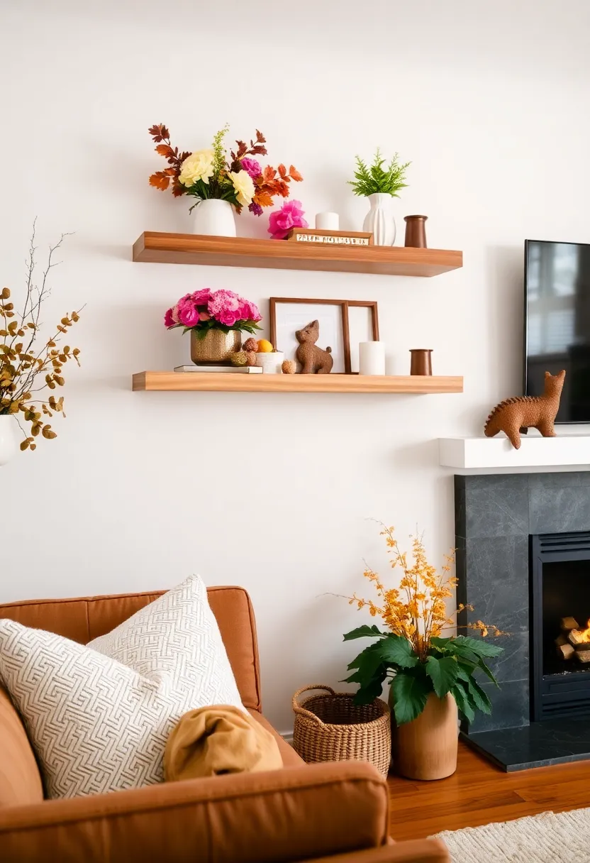 30+ Floating Shelf Ideas for Living Room Décor and Storage - 29. Seasonal Floating Décor