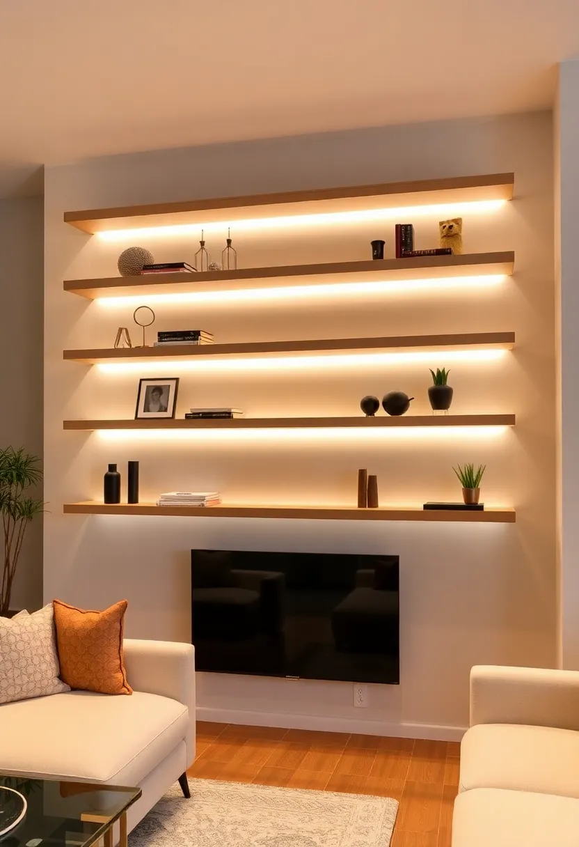 30+ Stunning Living Room Ceiling Lighting Ideas for Perfect Illumination 158 30+ Stunning Living Room Ceiling Lighting Ideas for Perfect Illumination - 24. Floating Shelves with Lights