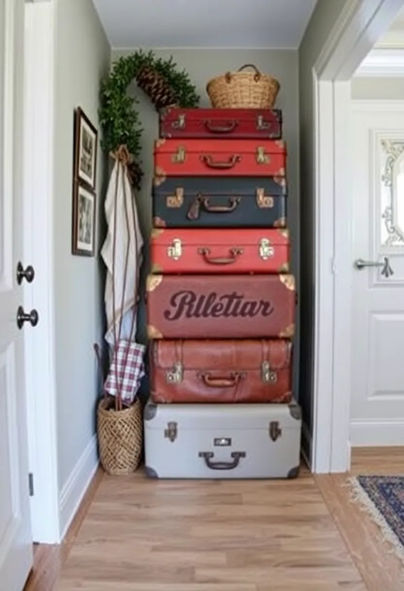 30+ Welcoming Living Room Entryway Ideas That Impress - 13. Vintage Suitcases
