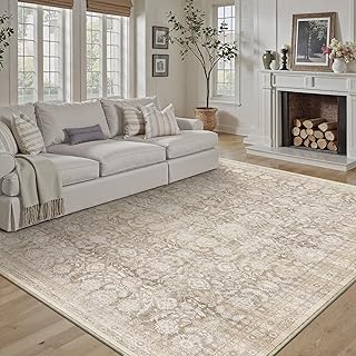 6x9 Beige Washable Neutral Area Rug Living Room Floral Non Slip Low Pile...