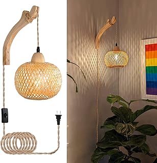 Frideko Bamboo Lantern Plug in Wall Sconces Wicker Wall Lamp with Plug i...