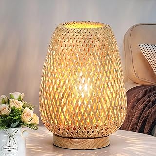Rattan Table Lamp, Stepless Dimmable Small Beside Lamp, Vintage Wicker W...