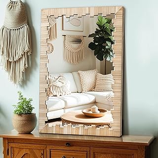 Boho Wall Mirror with Wood Frame, 36