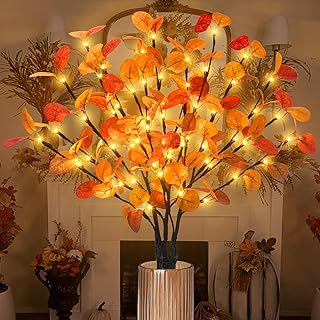 3Pcs Lighted Eucalyptus Leaves Branches, 30” Timer Fall Eucalyptus Stems...