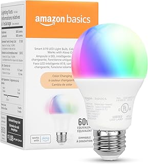 Amazon Basics Smart A19 LED Light Bulb, Color Changing, 9W (60W Equivale...