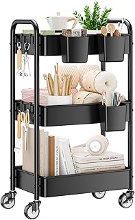 YASONIC 3 Tier Rolling Cart - Metal Utility Cart with Wheels, Hanging Cu...