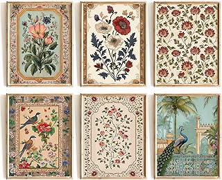 Indian Wall Art Vintage Floral Canvas Poster India Wall Decor Folk Flowe...