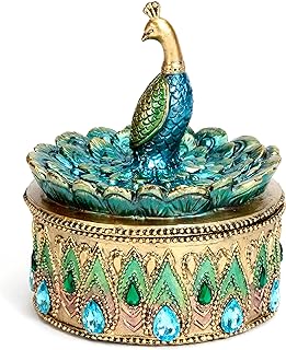 Bits and Pieces Peacock Jewelry Box for Women Small Keepsake Box with Pe...