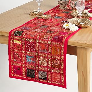 RAJRANG Colorful Red Hand Embroidered Cotton Table Runner - Patchwork Bo...