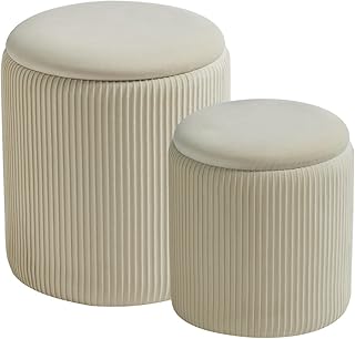 Round Set of 2 Ottoman with Storage-Upholstered Velvet Vanity Stool for ...