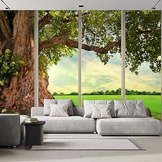 wall26 - Large Wall Mural - Old Tree and Meadow Seen Through Sliding Gla...