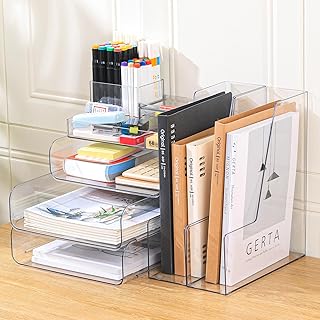 Desk Organizer with 2 Vertical File Holder, 4 Tier Stackable Paper Lette...