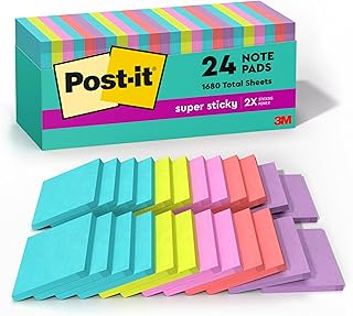 Post-it Super Sticky Notes, 24 Sticky Note Pads, 3 x 3 in., School Suppl...