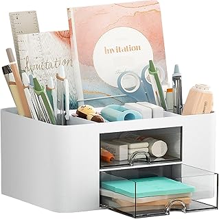Marbrasse Pen Organizer with 2 Drawer, Multi-Functional Pencil Holder fo...