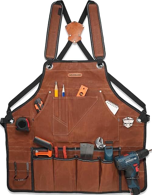 WELKINLAND 11-Pockets Waxed-Canvas Tool Apron, Heavy-Duty Carpenter Apro...