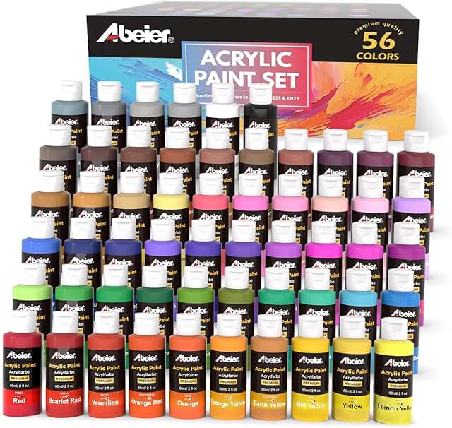 ABEIER Acrylic Paint Set, 56 Colors (2oz/60ml), Matte Finish, Waterproof...